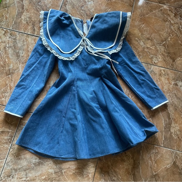Sister Jane Dresses & Skirts - Sister Jane Dappled pure cotton oversized collar mini dress with bow in denim